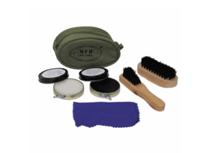 Compact shoe cleaning kit complete with brushes and polish, camping, hiking