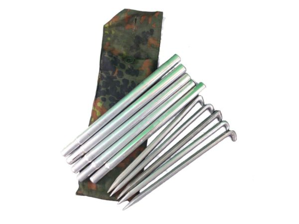 2 sets of German army surplus tent poles, pegs and bag