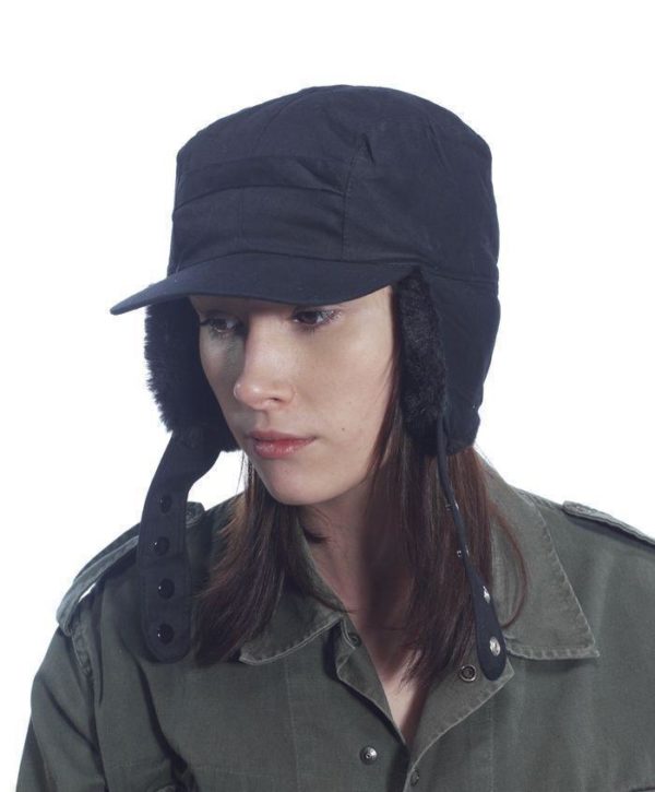 Black fur trimmed trappers hat with fold down ear flaps