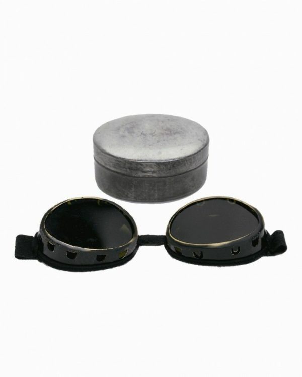 Vintage Swiss military surplus winter skiing goggles and tin case