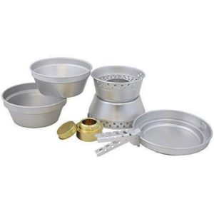 Aluminium camping cook set complete with burner pans pots