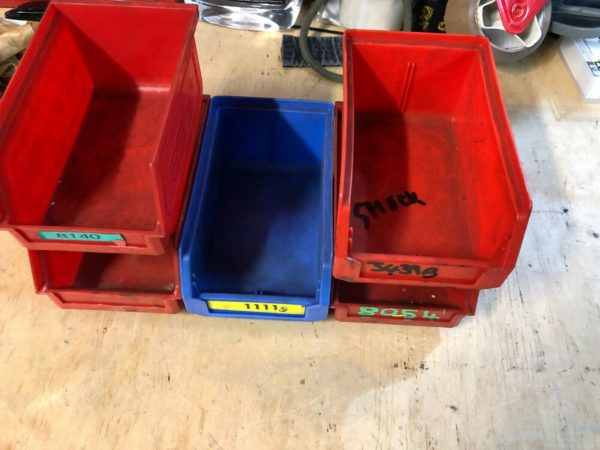 Set of 5 x small plastic storage component parts bins