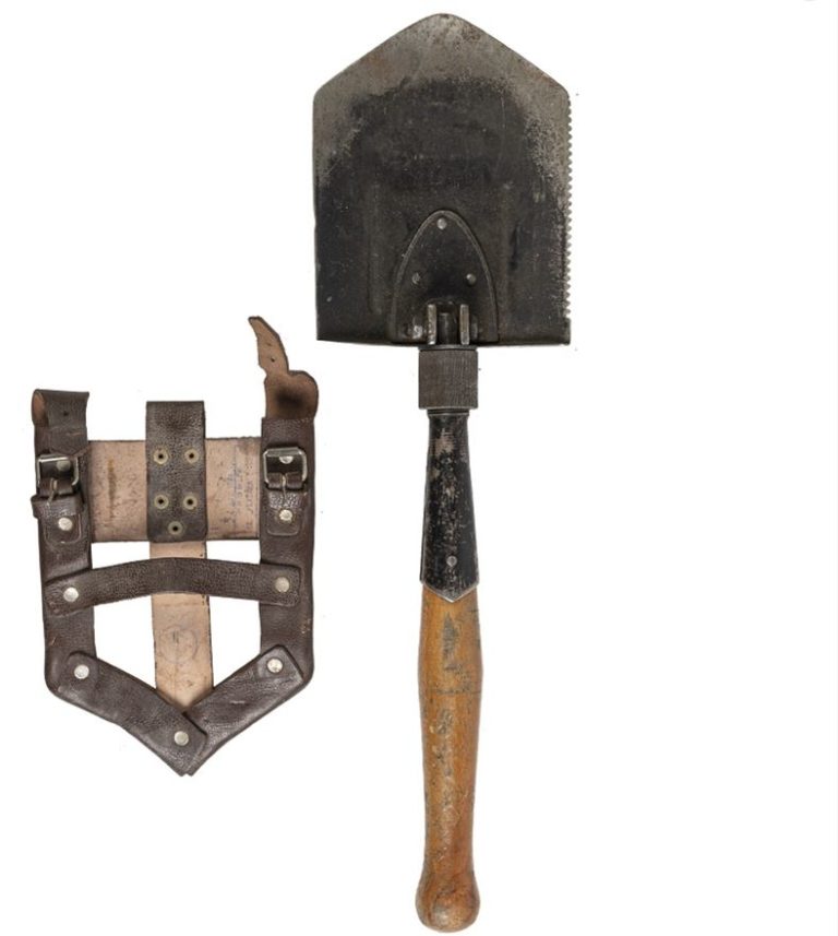 Original Romanian Army foldable serrated shovel wooden handle leather sheath