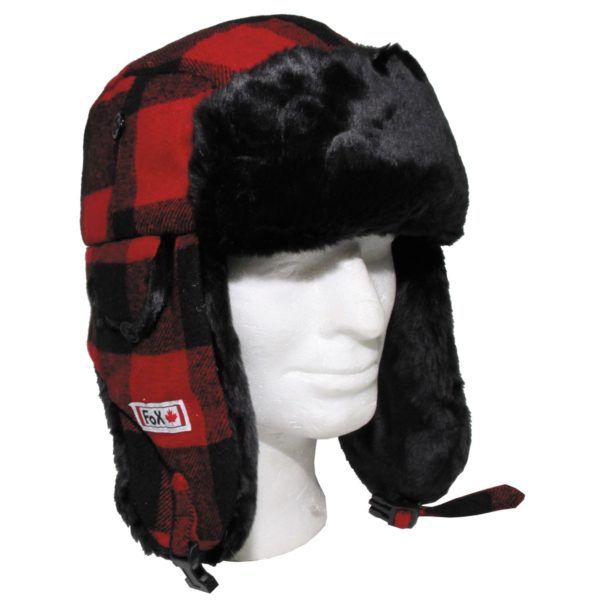 FOX OUTDOOR FUR HAT LUMBERJACK WINTER WARM TRAPPER HIKING EAR FLAPS RED BLACK