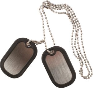 2 x STAINLESS STEEL dog tags , rubber edge protector, chain GI army