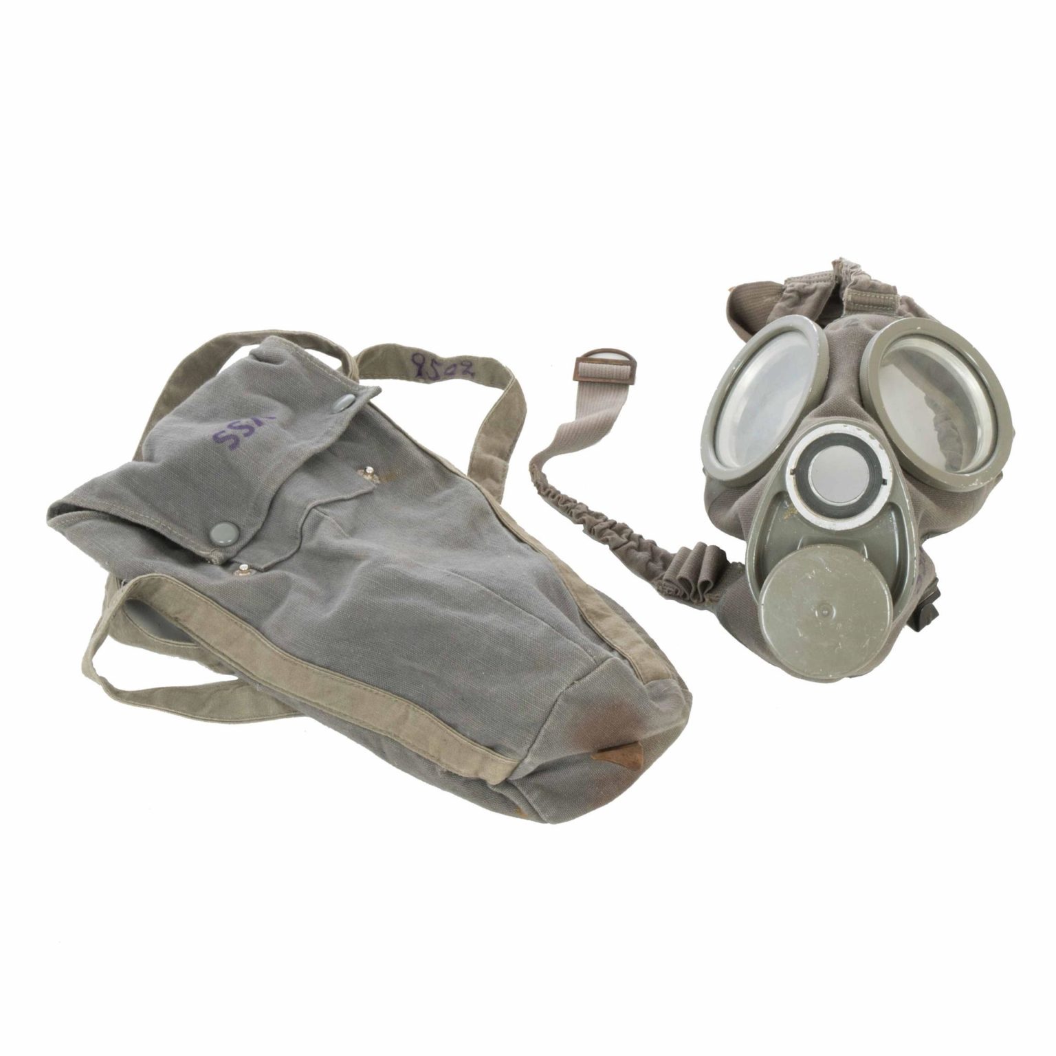 Vintage Swedish army surplus WW2 canvas gas mask respirator and bag