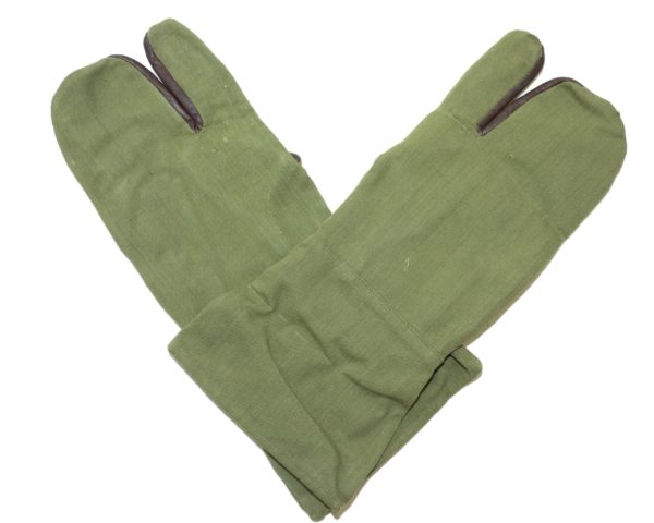 Vintage French army surplus canvas leather 3 finger mitts gloves - Image 2